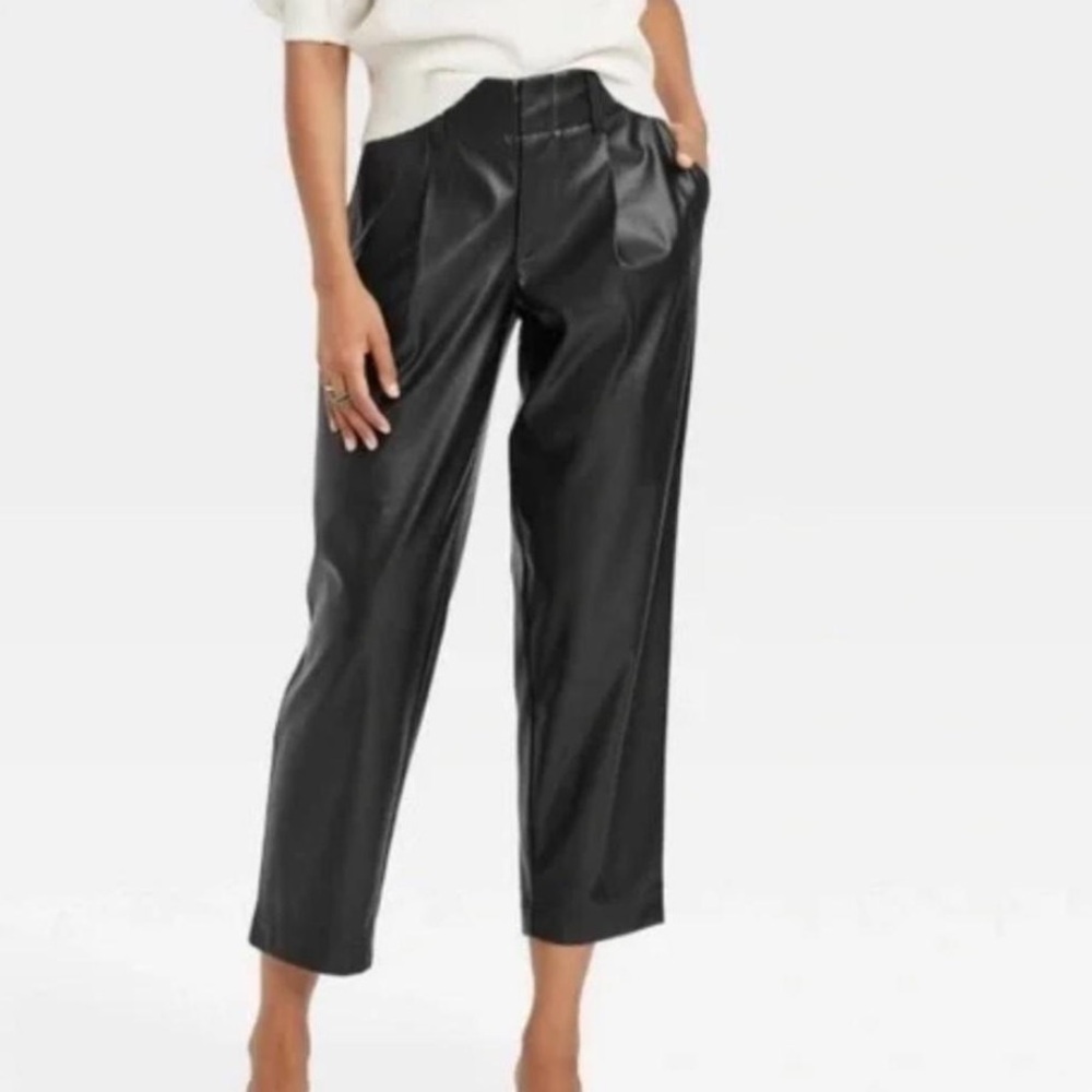 A New Day Black Faux Leather High Rise Pleated Crop Taper Pants Trousers 6